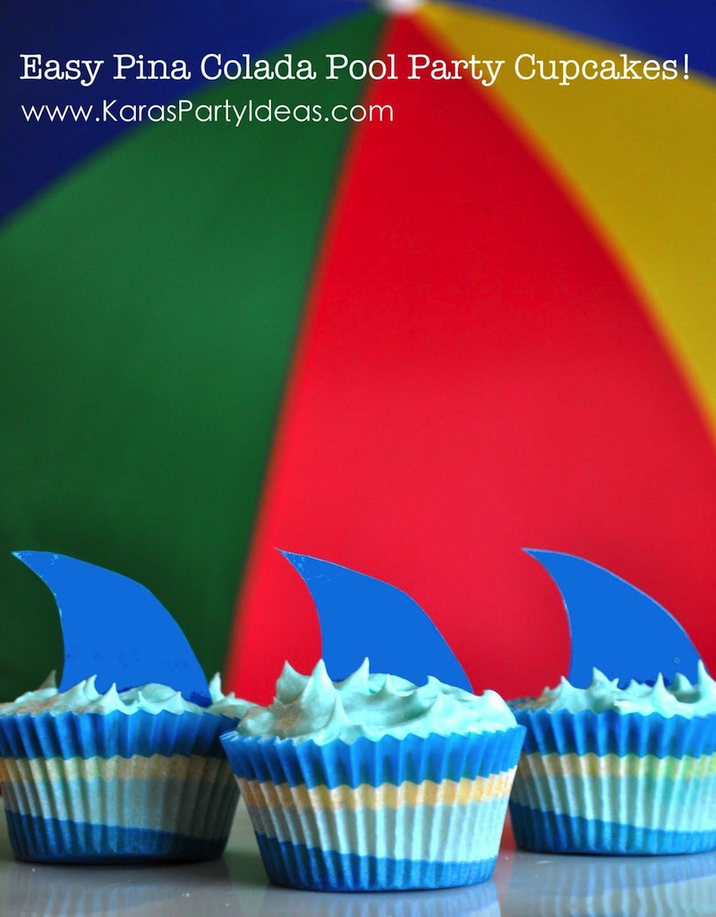 Pina Colada Pool Party shark cupcakes via Kara's Party Ideas KarasPartyIdeas.com